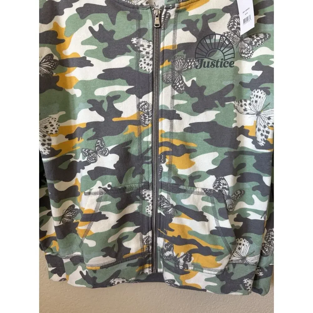 Justice Army Green Butterflies Fleece Full Zip Up Hoodie Jacket Size L 12/14